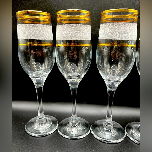 Set of 4 Vintage Midcentury Clear Wine Glasses Gold Rim Textured White Stripe 8" - Picture 2 of 11